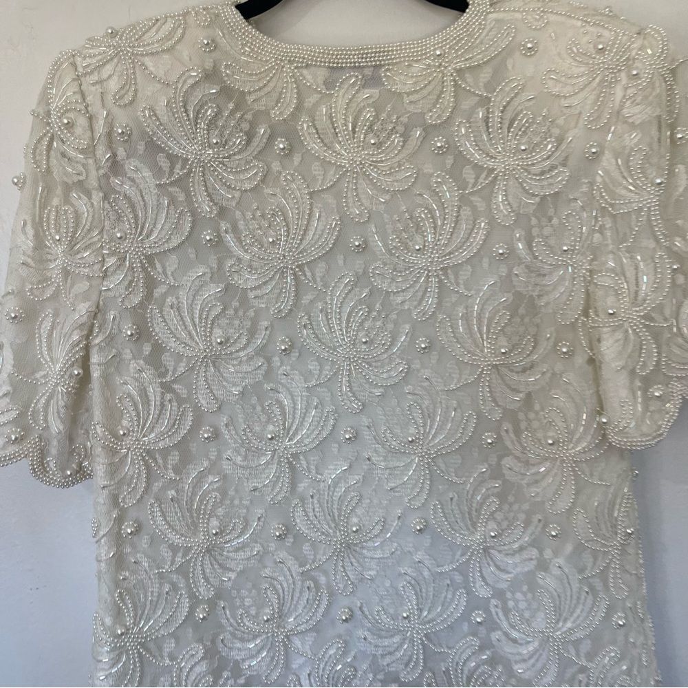 Laurence Kazar New York White Beaded & Pearl Short Sleeve Fancy Shirt - Picture 7 of 15